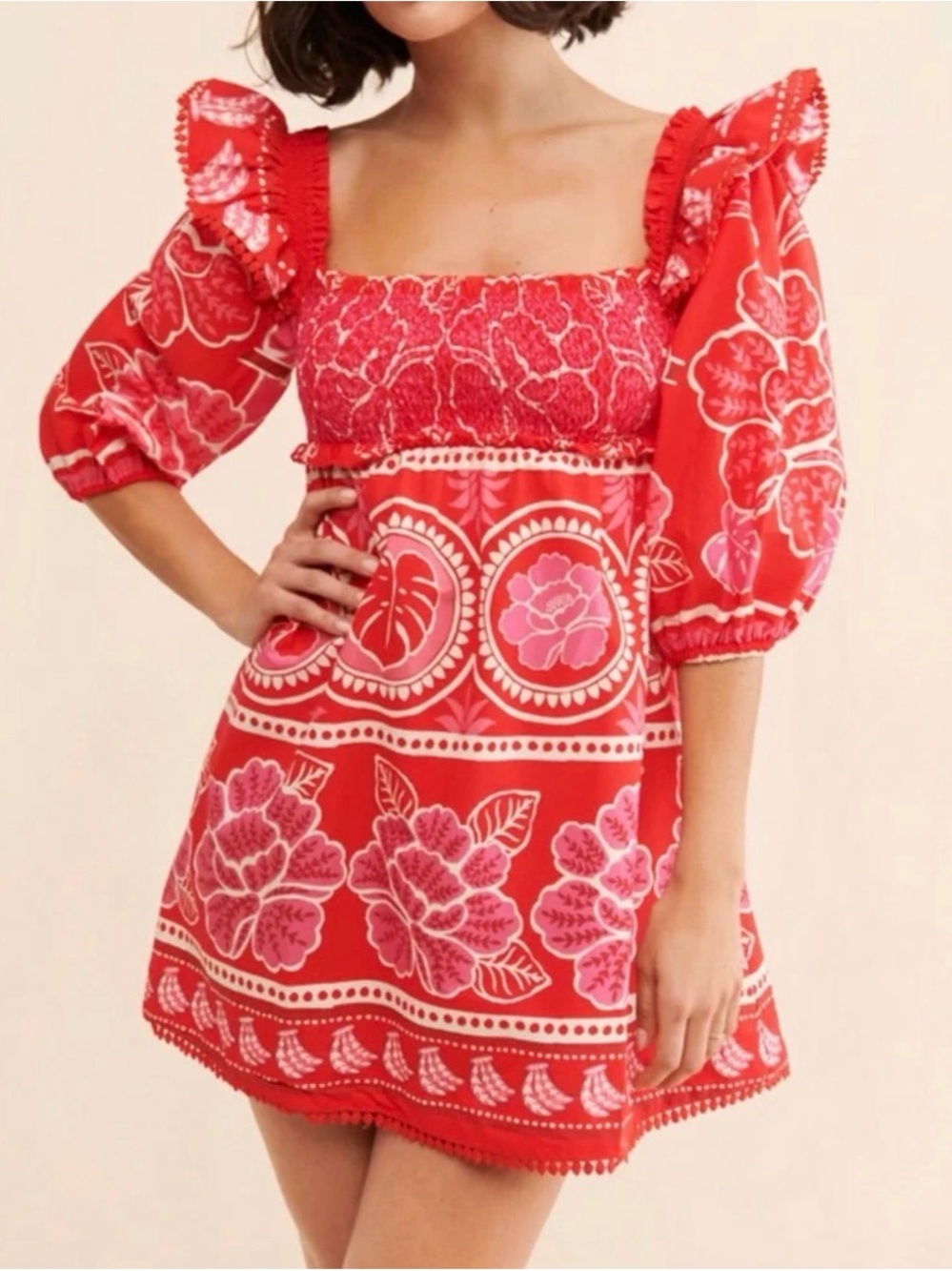 FARM Rio Summer Sunrise Pink Red Floral Smocked Mini Dress Puff Sleeve Cotton S